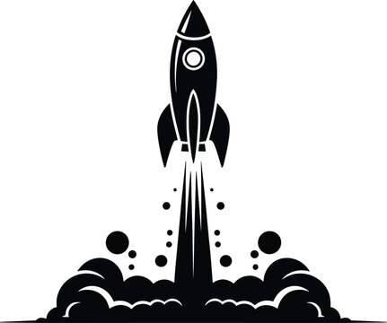 Black rocket launch silhouette vector illustration with smoke clouds and flames, minimalist space startup concept, isolated on white background for business growth design