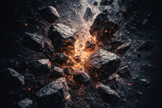 Explosive rocks with fiery impact background