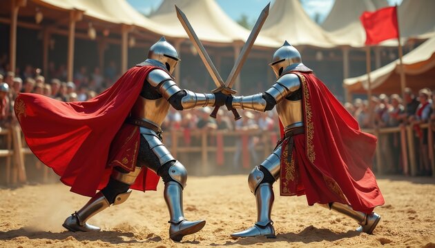 Two knights in full armor duel with swords in a sandy arena. They wear red capes and helmets while spectators watch from behind wooden barriers and tents.