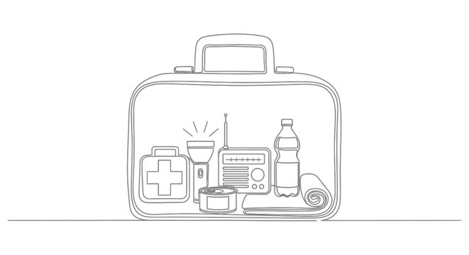 Emergency Kit Illustration: First Aid, Radio, Flashlight, Water, Blanket
