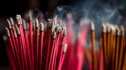 Incense Sticks Smoke in the Air: Aromatherapy, Spirituality, and Cultural Rituals Create a Serene Ambiance with Sacred Fragrance, Burning with Tradition