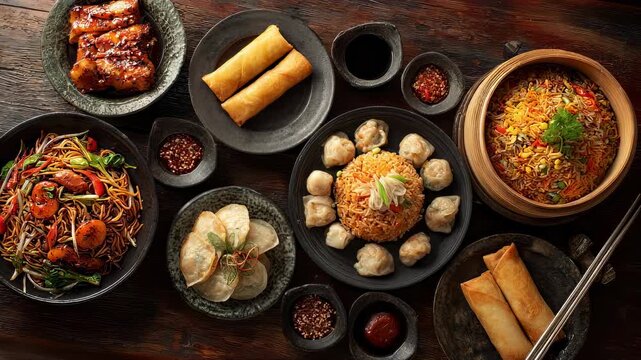 Assorted chinese cuisine banquet with noodles fried rice dumplings peking duck dim sum and spring rolls, top view table spread, restaurant dining concept
