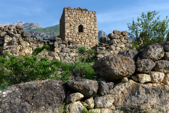 On the ruins of an old tower in the vicinity of the village of Tsmiti. North Ossetia-Alania, Russia