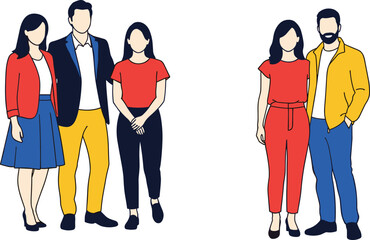 Fototapeta premium Flat vector illustration of diverse young men and women standing together in stylish casual outfits isolated on white background, vector.