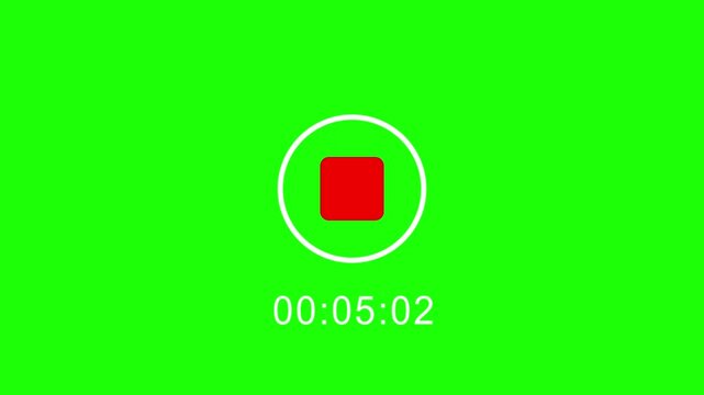 Red start recording button with running timer, play and pause buttons, green background, 4K video.