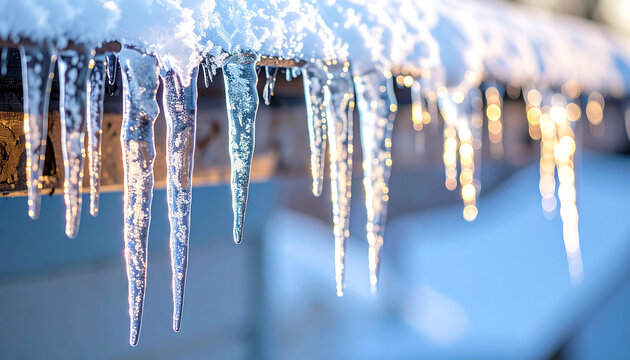 Huge icicles hanging from roof edge, sharp frozen tips, icy textures reflecting soft winter light, extreme