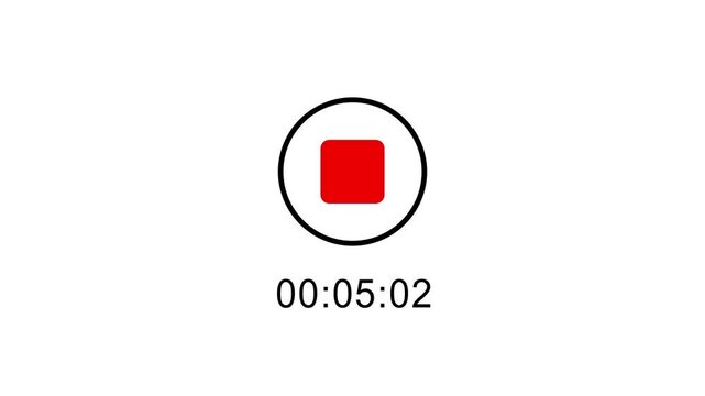 Red start recording button with running timer, play and pause buttons, transparent background, 4K video.