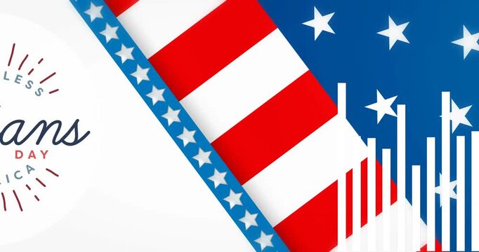 Animation of happy veteran day over flag of usa and lines on white background