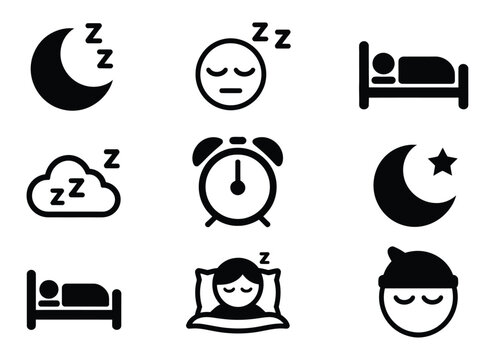 Sleep icon set collection featuring moon, stars, sleeping person, bed, cloud, alarm clock, night cap, and peaceful sleep symbols, isolated on white background in clean vector illustration
