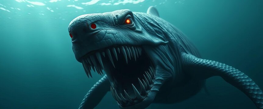 Eerie deep sea predator with glowing eyes and gaping maw,  blue,  mysterious