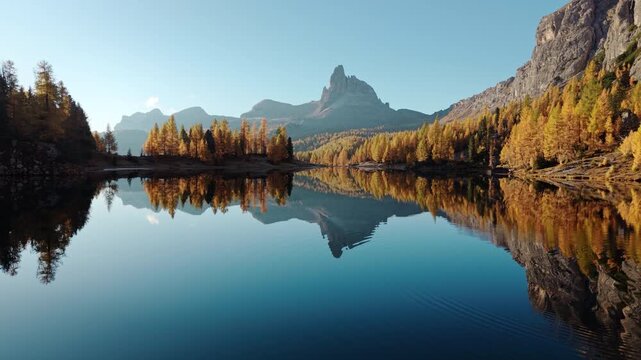 Scenic autumn landscape of Lago di Federa with Croda da Lago peak surrounded by larch forest in Dolomites, Italy