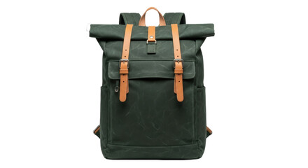 Dark green canvas rolltop backpack isolated on transparent background, stylish rucksack for travel...