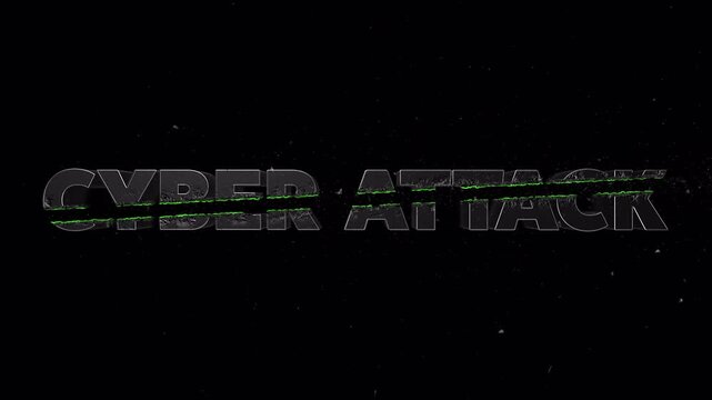 Green crossfire streak animation slicing through &ldquo;CYBER ATTACK&rdquo; text with flying particles and glowing melt trail, transparent BG with alpha channel, overlay for cyber security and hacker themes