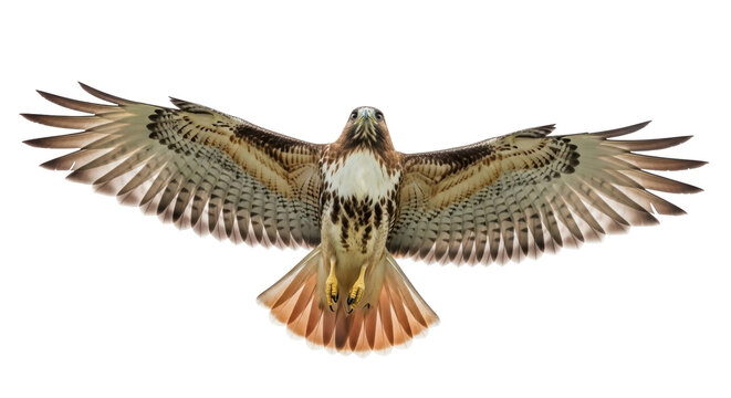Majestic red-tailed hawk flying isolated PNG on transparent background, bird of prey with outstretched wings for wildlife and nature designs