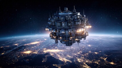 Fototapeta premium Massive spherical orbital data center hub hosting global cloud services in outer space