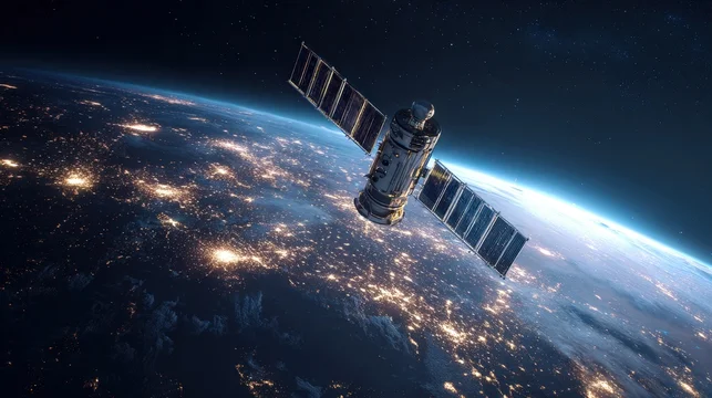 Advanced orbital data center satellite with large solar panels flying over glowing Earth cities