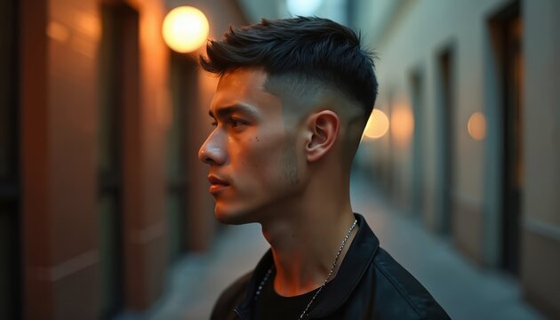 Asian man with low fade haircut poses in narrow urban corridor. Soft warm lighting from street lamps creates dramatic shadows, highlights his profile. He wears modern black jacket, chain necklace.