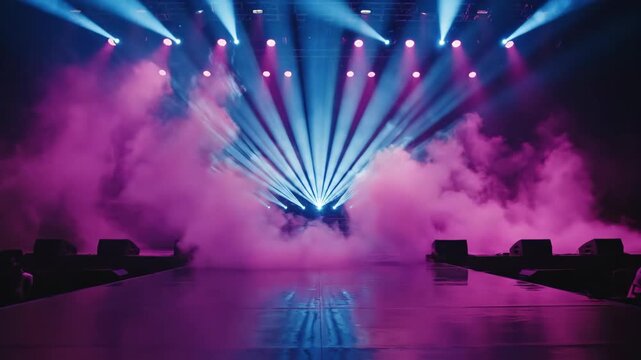 Empty stage with dramatic blue and purple spotlights and smoke