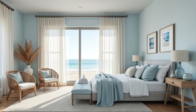 Serene beachside bedroom with tranquil ocean view. Light blue walls complement white bedding. Wicker chairs and natural decor add coastal charm. Peaceful retreat.