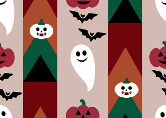 Fototapeta premium Cute halloween seamless pattern featuring spooky ghosts pumpkins and bats on a festive background