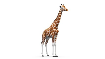 Obraz premium A majestic, photorealistic 3d rendered giraffe model stands tall, showcasing its spotted coat in a clean, isolated full-body shot against a pure white studio background.