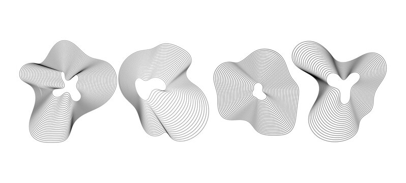 Set of 3D Abstract Geometric Torus Shapes Minimalist White Parametric Vector Forms with Wireframe Texture for Modern Architecture Design and Tech Branding Isolated on White Background