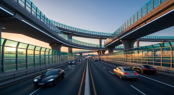 Modern elevated highway at sunset, complex infrastructure, urban development, and efficient transportation system