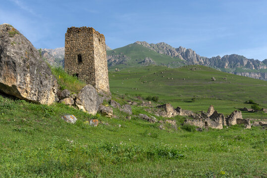 Traditional ancient Ossetian tower in a mountain landscape. North Ossetia-Alania, Russia