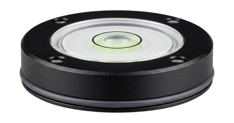 Circular bubble level with a central bubble.