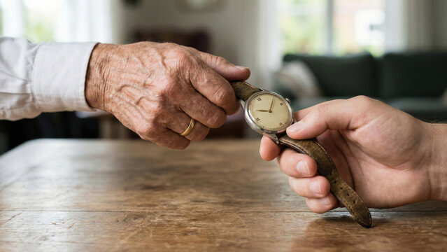 Inheritance wealth transfer asset silver economy transfer captured as elderly man hand pass vintage wristwatch to younger adult hand wooden table