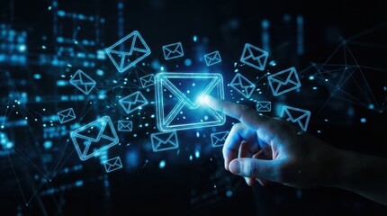 Digital communication concept showing a hand touching a glowing email icon on a dark background