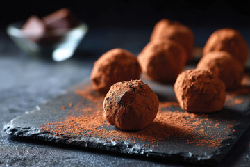 A captivating arrangement of rich cocoa truffles sprinkled with powdered cocoa on a dark surface, showcasing a sense of elegance and culinary artistry.