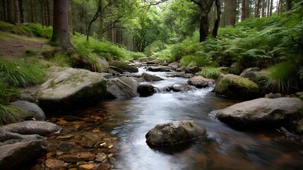 A clear forest stream meanders through mossy rocks and lush green vegetation under a canopy of trees