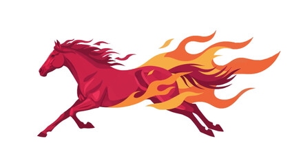 A vibrant red horse with flowing mane and tail runs through flames, symbolizing the Year of the Fire Horse in a traditional Chinese New Year illustration. © Budi