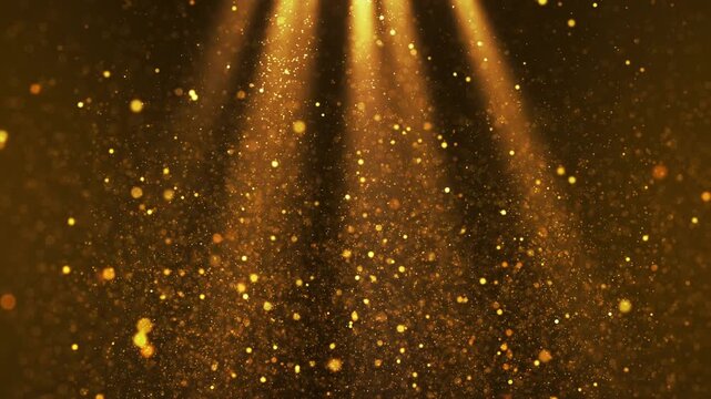 Cinematic volumetric light rising gold particles video loop animation with glowing dust and ethereal sunbeam