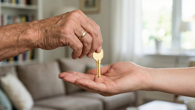 Inheritance asset transfer silver economy wealth transfer concept with senior hand giving house key to adult child palm symbol of family property