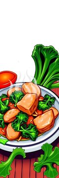 Vibrant illustration of Pad Kana Moo Krob, crispy pork with kale, for a Thai restaurant menu,  kale,  street food
