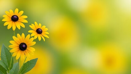 Fototapeta premium Yellow Black Eyed Susans on Blurred Green Background yellow flowers nature