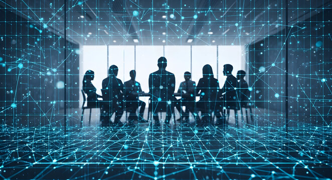 Silhouettes of business people in a modern conference room with a futuristic digital network overlay symbolizing global connectivity and innovation