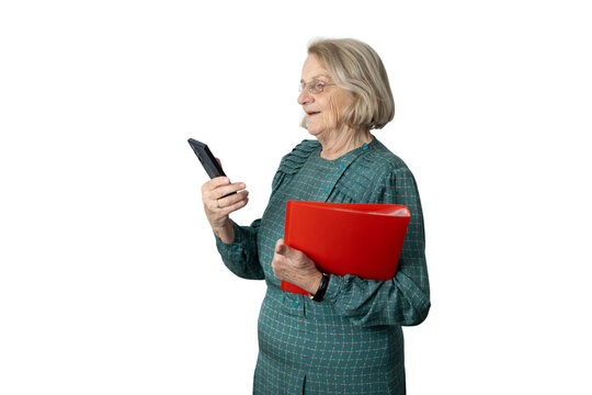 Senior woman using smartphone holding red folder
