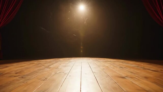Empty theater stage with red velvet curtains and single spotlight