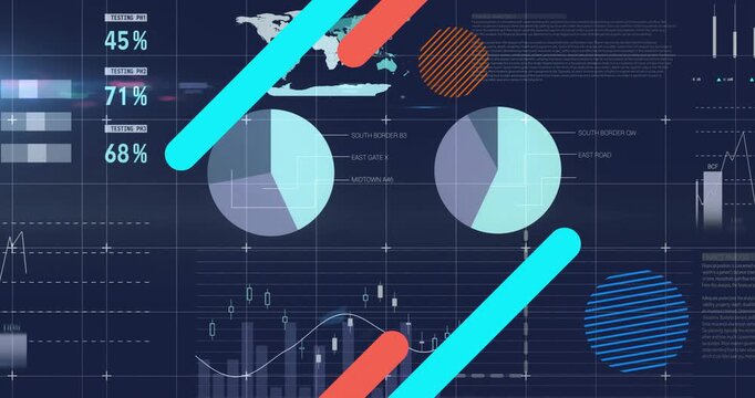 Abstract dashboard being animated, showing central dotted pie chart with orange scatter, bar graphs
