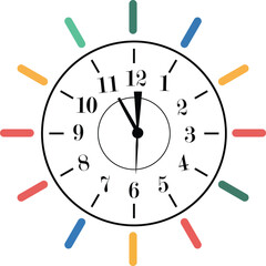 Colorful Clock Face Showing Five Minutes to Midnight
