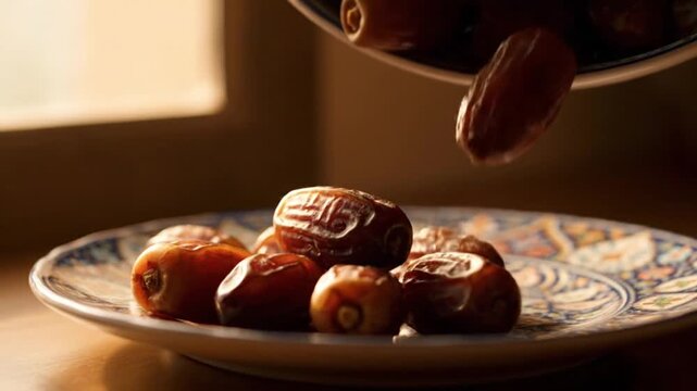 Fresh Dates on a Traditional Plate in Warm Light for Ramadan Iftar and Eid Celebrations