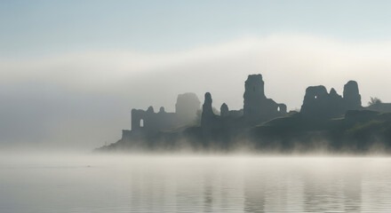 Obraz premium Misty morning over ancient castle ruins on a cliff overlooking the water