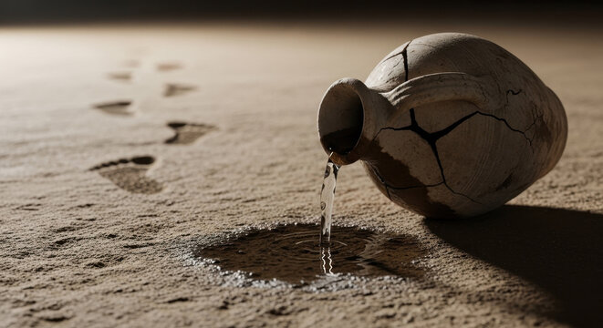 Cracked ancient clay pot spilling water onto sandy ground with footprints