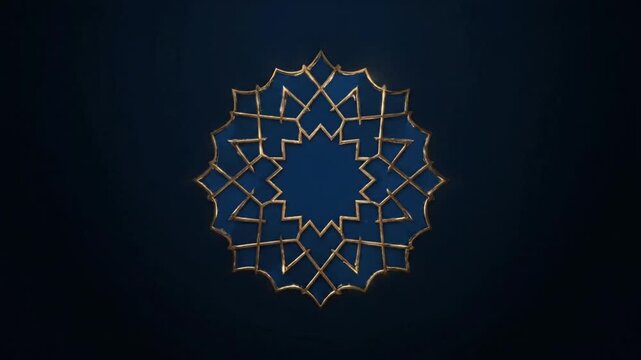 Elegant Islamic geometric pattern ornament with intricate gold details on a dark blue background, symbolizing culture and tradition