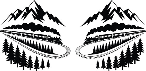 Vintage Steam Train Silhouette Traveling Through Mountain Forest Landscape with Pine Trees and Curved Railway Track, Black and White Symmetrical Vector Illustration Design © MdAbdur