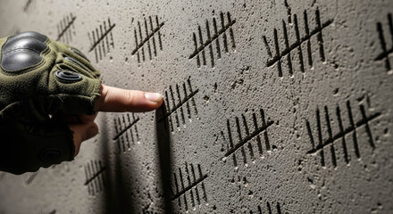 Finger in tactical glove marking tally lines scratched into a rough concrete wall