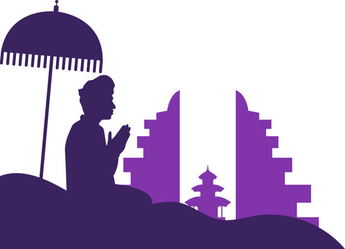 Silhouette of Balinese Person Praying. Hinduism. nyepi day, culture religion illustration background. Vector isolated.